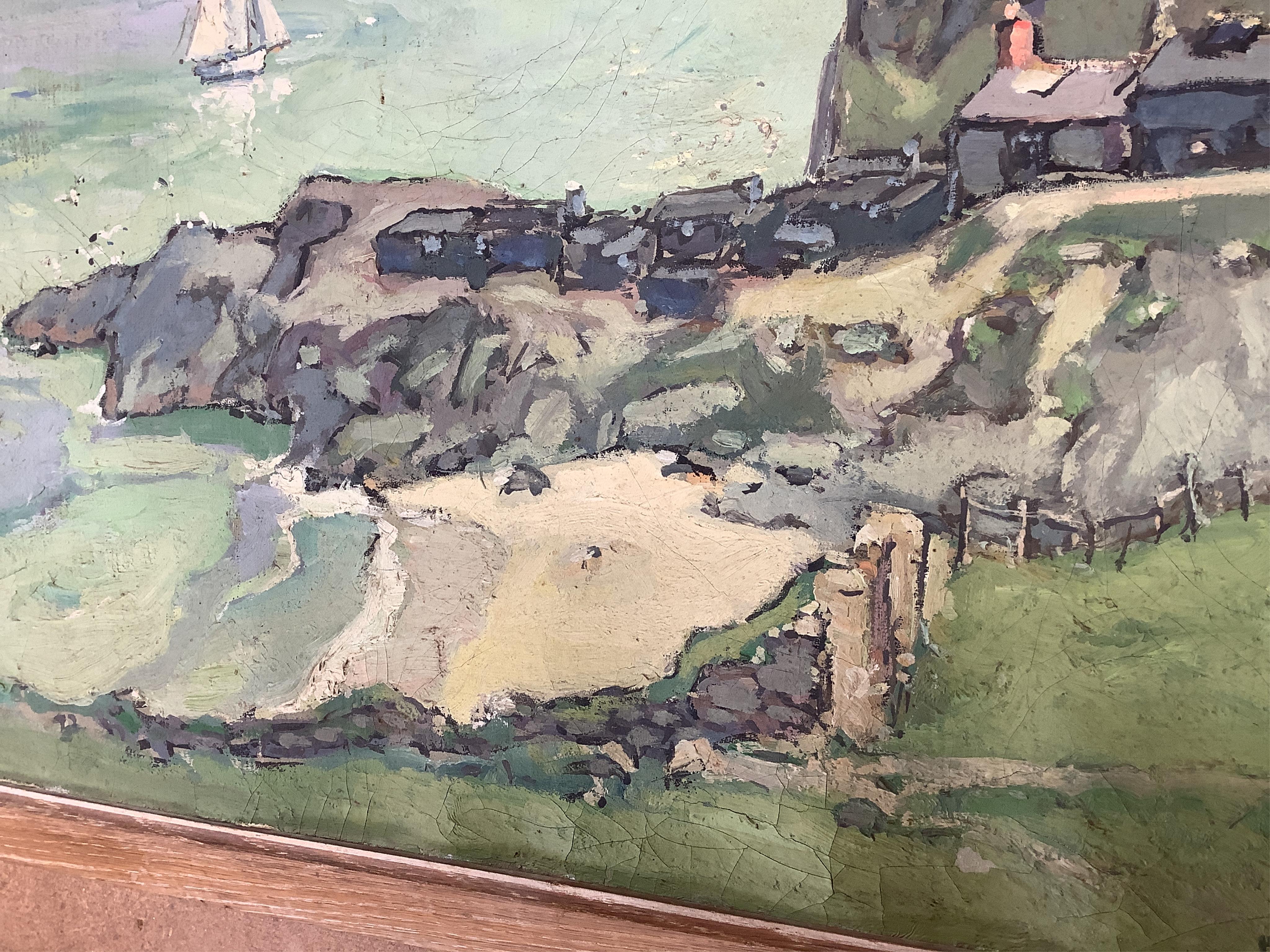 Hurst Balmford (1871-1950), Coastal view, harbour view and street scene, each signed, set of three oils on canvas laid onto board, 40 x 50cm